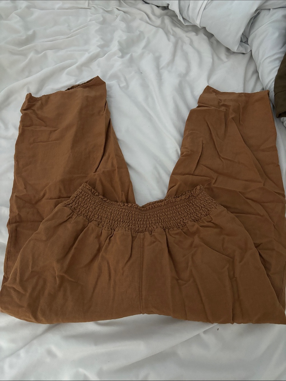 Crescent Brown Smocked-Waist Cropped Pants